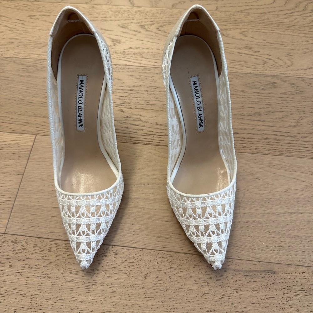 Manolo Blahnik White Stiletto Heels with Intricate Detailing